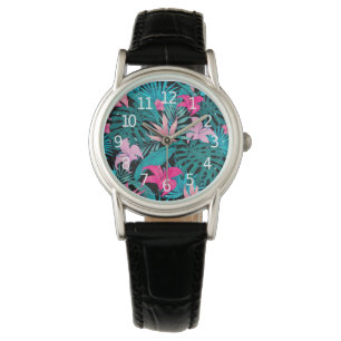 Elegant Tropical Hibiscus Flowers and Leaves   Horloge