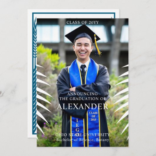 Elegant Tropical Leave Afstuderen Foto Kaart (Voorkant / Achterkant)