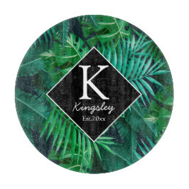 Elegant Tropical Leaves Family Name Cutting Board Snijplank