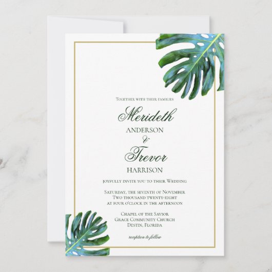 Elegant Tropical Monstera Leaf Photo Beach Wedding Kaart (Voorkant)