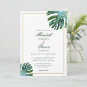 Elegant Tropical Monstera Leaf Photo Beach Wedding Kaart (Staand voorkant)