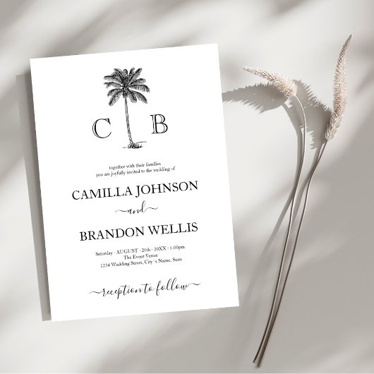 Elegant Tropical Palm Monograms Wedding Kaart