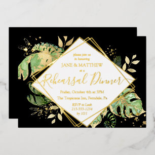 Elegant Tropical Rehearsal Dinner Black & Gold Folie Uitnodiging
