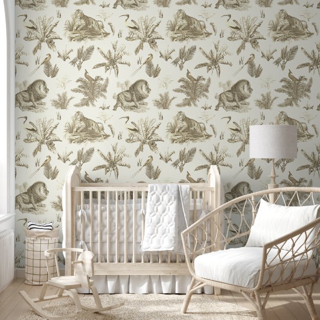Elegant  Tropisch Dier Beige Toile Behang (Kinderen)