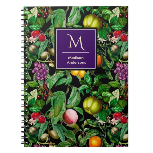 Elegant tropisch fruit zwart patroon monogram notitieboek (Voorkant)
