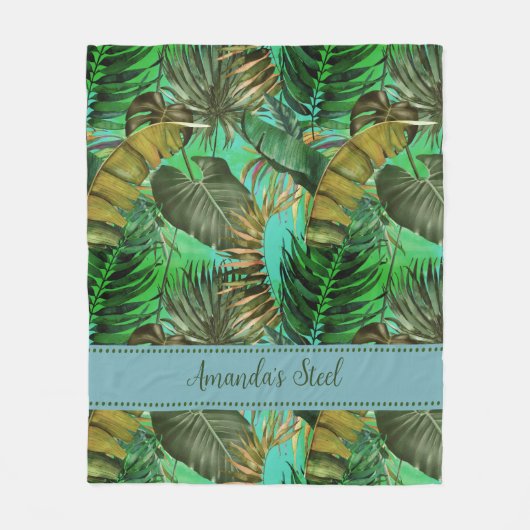 Elegant tropisch groen blad geel blauw fleece deken (Voorkant)