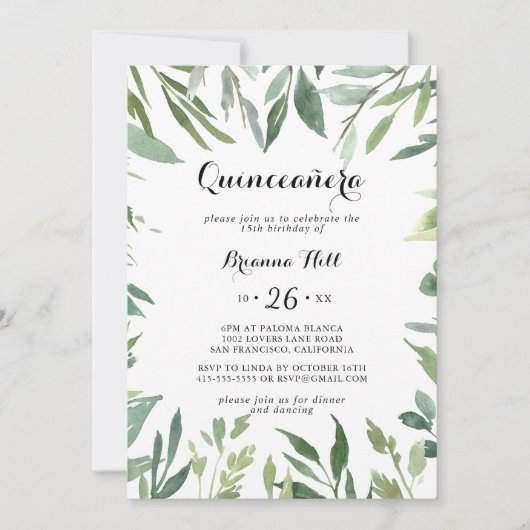 Elegant Tropisch Groen gebladerte Quinceañera Kaart (Voorkant)