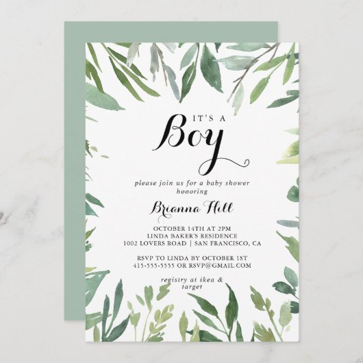 Elegant Tropisch Groen Het is een Jongen Baby show Kaart (Voorkant / Achterkant)