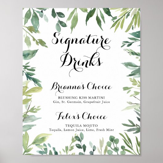 Elegant tropisch groen signature drankjes bord poster (Voorkant)