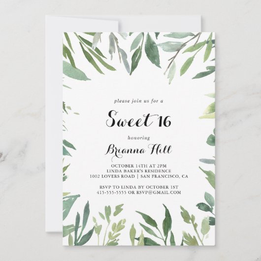 Elegant Tropisch Groen Zoet 16 Verjaardagsfeest Kaart (Voorkant)