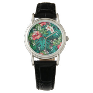Elegant Tropische Bladeren en Hibiscus Flowers   Horloge