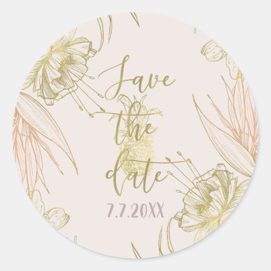 Elegant tropische flora met flesje met datum opsla ronde sticker (Voorkant)