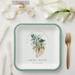 Elegant Tropische Waterverf Palm Trees Wedding Papieren Bordje