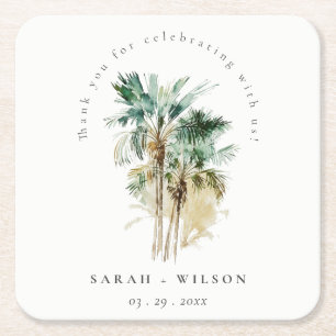 Elegant Tropische Waterverf Palm Trees Wedding Vierkante Kartonnen Onderzetter