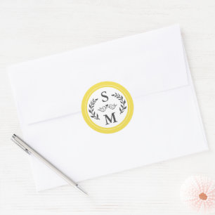 Elegant Trouwfeest Moderne Monogram Gele Grijze Fa Ronde Sticker