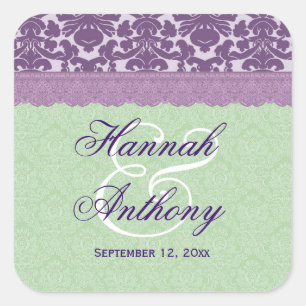 Elegant trouwlabel PAARSE en MINT Damask V02 Vierkante Sticker