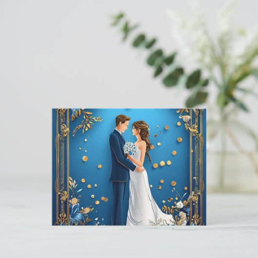 Elegant Trouwpaar dat elkaar omhelst met bloemstuk Aankondigingskaart (Staand voorkant)