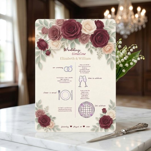 Elegant Trouwprogramma met Tijdsschema in Bourgond Programma