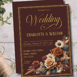 Elegant Trouwscript Bruin Bloemmotief Kaart