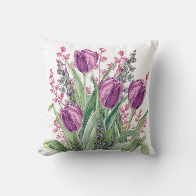 Elegant Tulip Flowers Pattern,Purple Stripes Kussen (Voorkant)