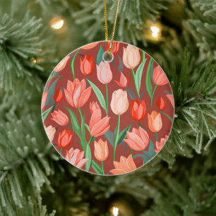 Elegant Tulp Bloempatroon – Rood & Perzik Lente Keramisch Ornament