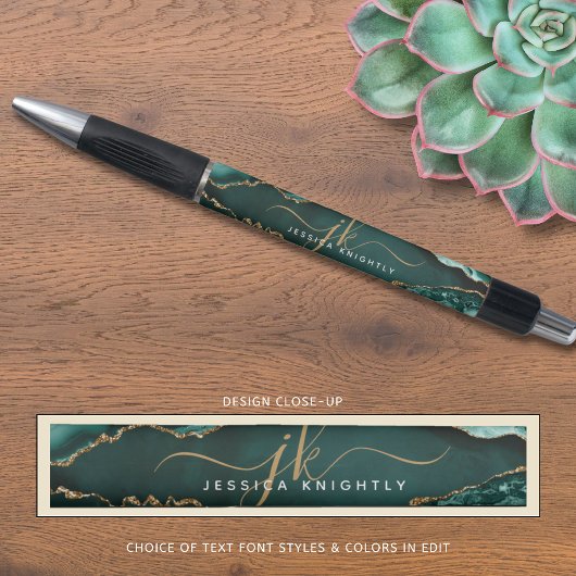 Elegant Turkoois Agaat Gouden Script Monogram Naam Pen