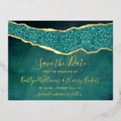 Elegant Turquoise Agate Wedding Save the Date Real Folie Uitnodiging Briefkaart (Voorkant)