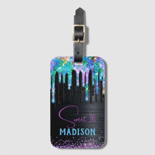 Elegant Turquoise black Unicorn Drives monogram Bagagelabel (Voorkant (verticaal))