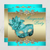 Elégant Turquoise Blue Masquerade Party Invitation (Devant / Derrière)
