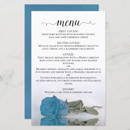 Elegant Turquoise Blue Roos Budget Wedding Menu (Voorkant / Achterkant)