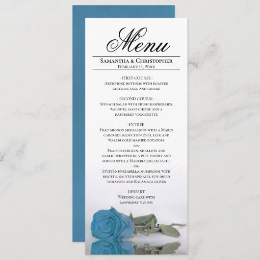 Elegant Turquoise Blue Roos Reflections Wedding Menu (Voorkant / Achterkant)