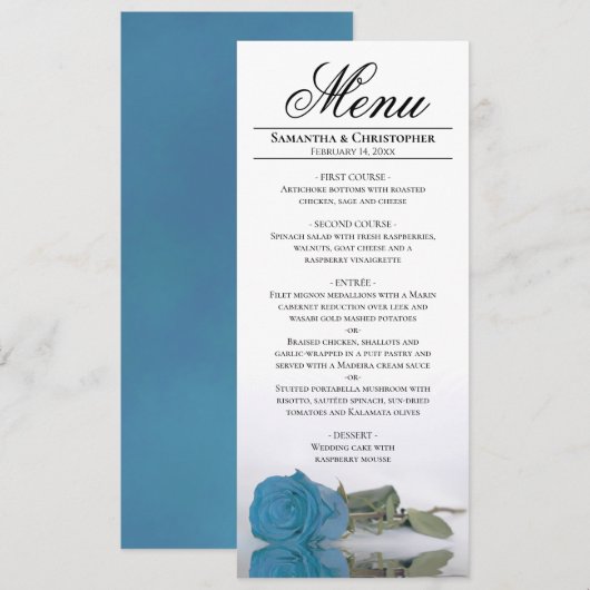 Elegant Turquoise Blue Roos Reflections Wedding Menu (Voorkant / Achterkant)
