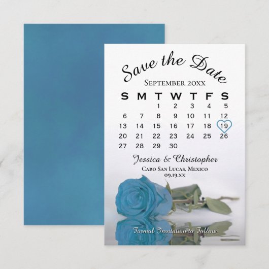 Elegant Turquoise Blue Roos Wedding Calendar Save The Date (Voorkant / Achterkant)