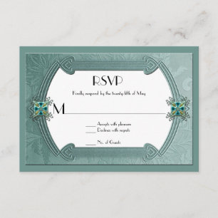 Elégant Turquoise Damask Jewels RSVP Card