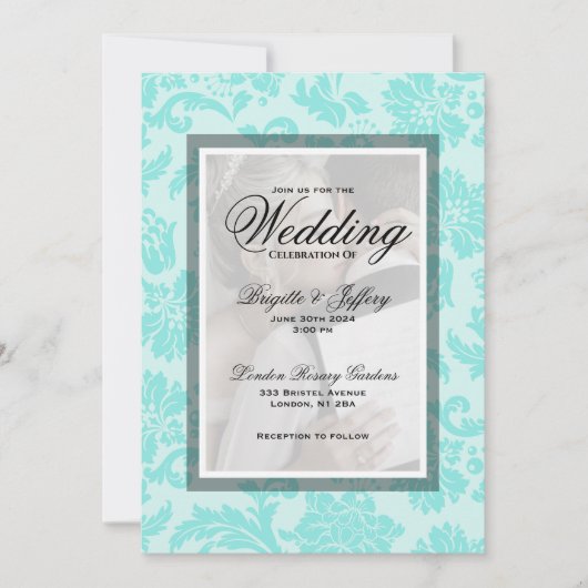Elégant turquoise damassé invitation de mariage pe (Devant)