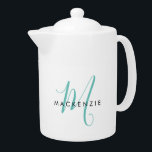 Élégant Turquoise de script blanc moderne Monogram<br><div class="desc">Élégante théière moderne Turquoise de script blanc Monogram. Un élégant monogramme de script turquoise combiné à une police san-serif noire propre donne un look contemporain.</div>