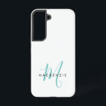 Élégant Turquoise de script blanc moderne Monogram<br><div class="desc">Élégant Turquoise de script blanc  Monogramme Téléphone Boîtier. Un élégant monogramme de script turquoise combiné à une police san-serif noire propre donne un look contemporain.</div>