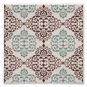 Elegant Turquoise en Bruin Damastpatroon op Beige Foto Afdruk