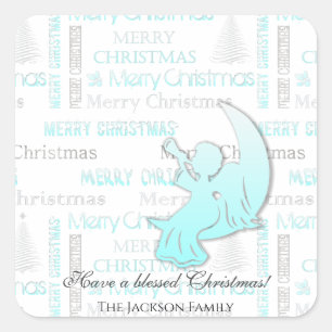 Elegant Turquoise en Silver KerstTypografie Vierkante Sticker