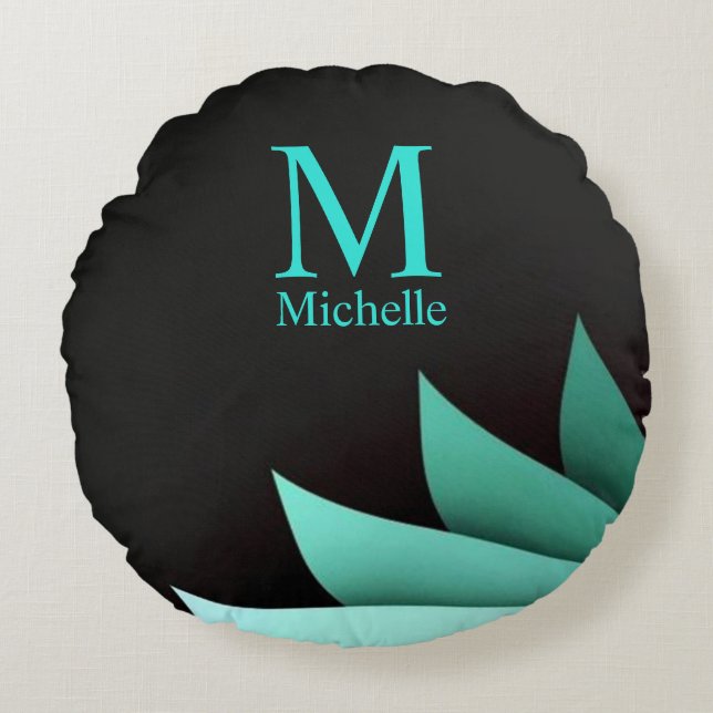 Elegant Turquoise Floral gepersonaliseerd monogram Rond Kussen (Voorkant)
