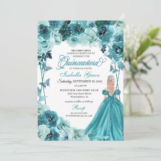 Elégant Turquoise Floral Quinceanera Invitation (Debout devant)