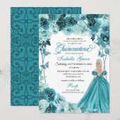 Elégant Turquoise Floral Quinceanera Invitation (Devant / Derrière)