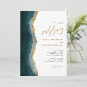Elegant Turquoise Gold Agate Calligraphy Wedding Kaart (Staand voorkant)