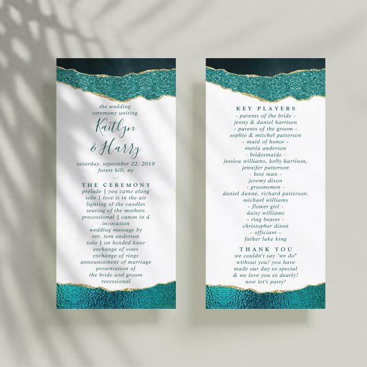 Élégant Turquoise & Gold Agate Wedding Programme