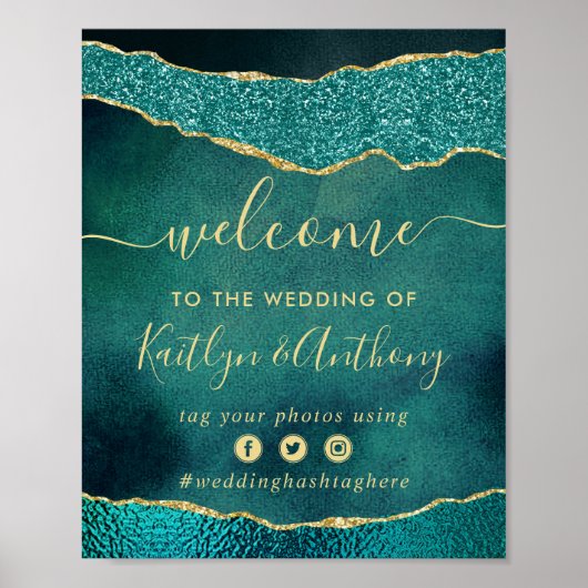 Elegant Turquoise & Gold Agate Wedding Welkom Poster (Voorkant)