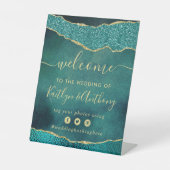Elegant Turquoise & Gold Agate Wedding Welkom Reclamebord Met Voetstuk (Voorkant)