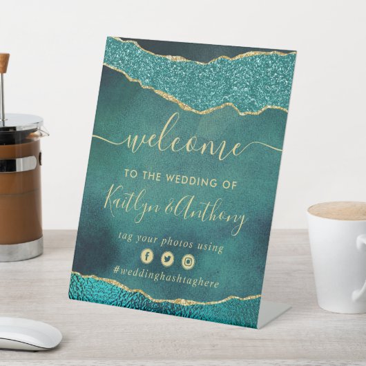 Elegant Turquoise & Gold Agate Wedding Welkom Reclamebord Met Voetstuk (Insitu)