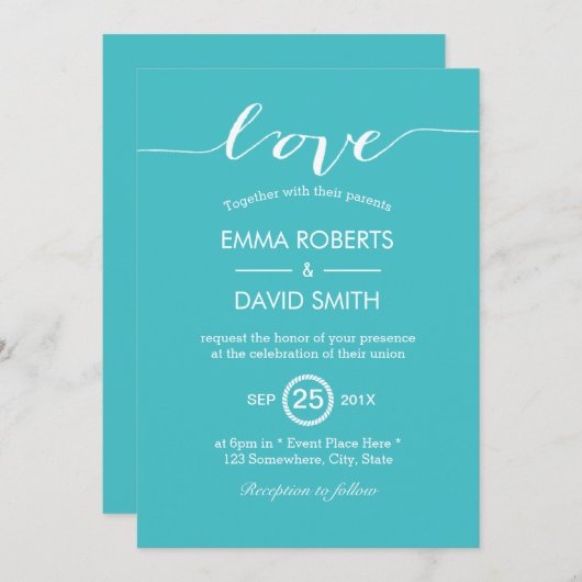 Élégant Turquoise Script Love Wedding Invitations (Devant / Derrière)