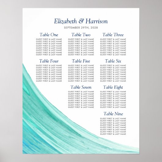 Elegant Turquoise Tides Beach Wedding Table Plan Poster (Voorkant)