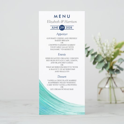 Elegant Turquoise Tides Strand Bruiloft Menu Kaart (Staand voorkant)